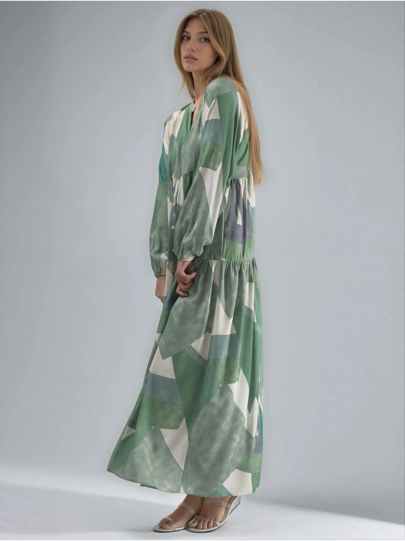Vestido largo de viscosa con manga larga estampado hiccup Verde pastel - Kiabi