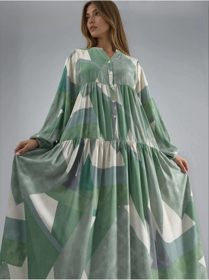 Vestido largo de viscosa con manga larga estampado hiccup Verde pastel - Kiabi