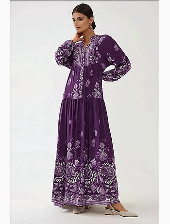 Vestido largo de viscosa con manga larga estampado hiccup