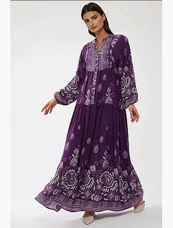 Vestido largo de viscosa con manga larga estampado hiccup