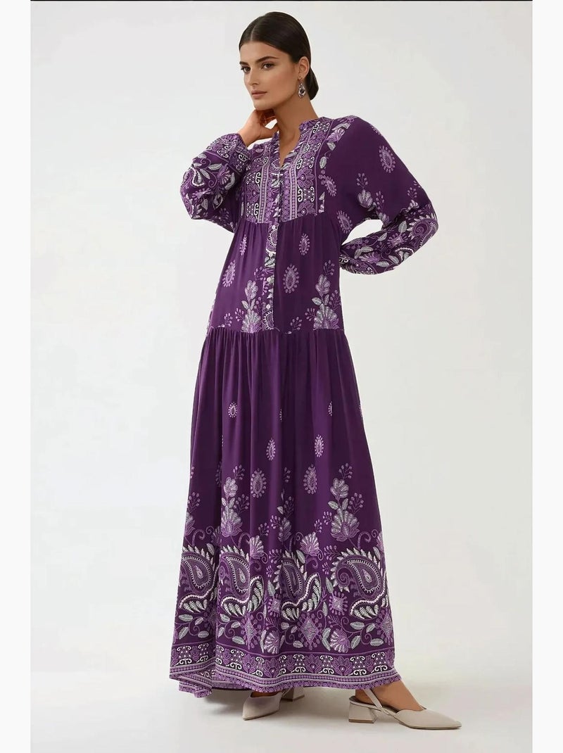 Vestido largo de viscosa con manga larga estampado hiccup Violeta - Kiabi