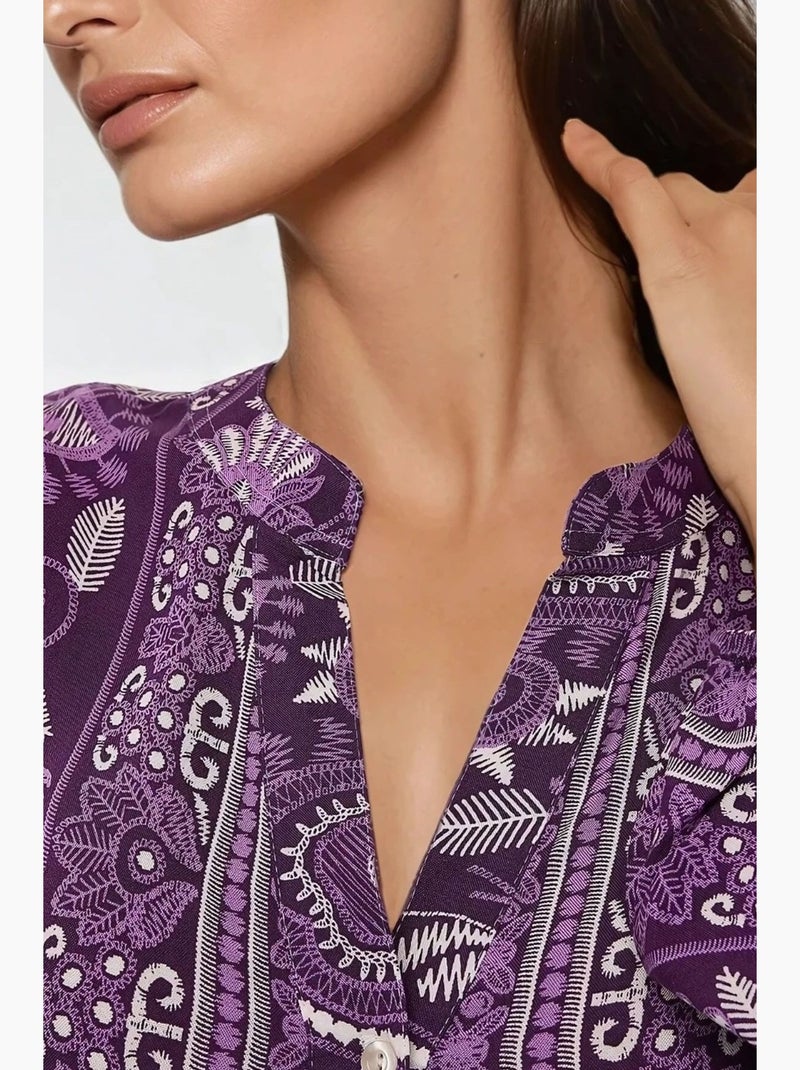 Vestido largo de viscosa con manga larga estampado hiccup Violeta - Kiabi