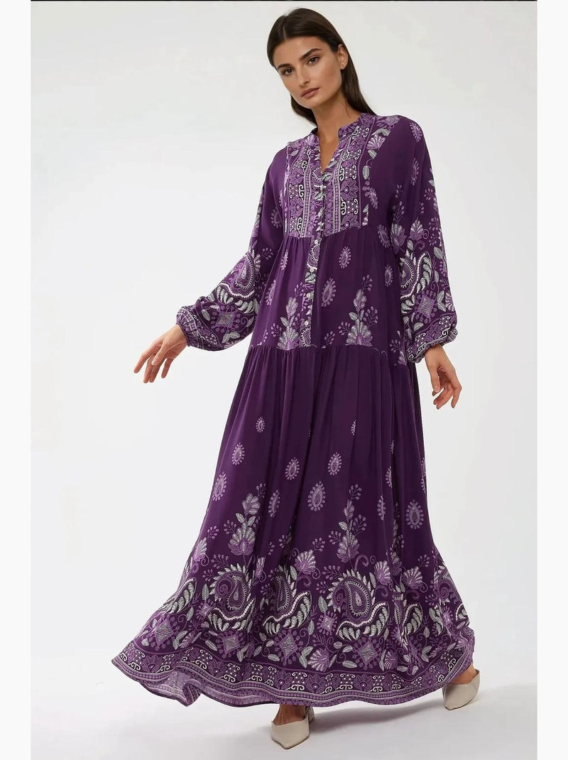 Vestido largo de viscosa con manga larga estampado hiccup Violeta - Kiabi