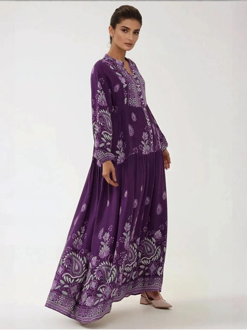 Vestido largo de viscosa con manga larga estampado hiccup - Kiabi Vestido largo de viscosa con manga larga estampado hiccup - Kiabi