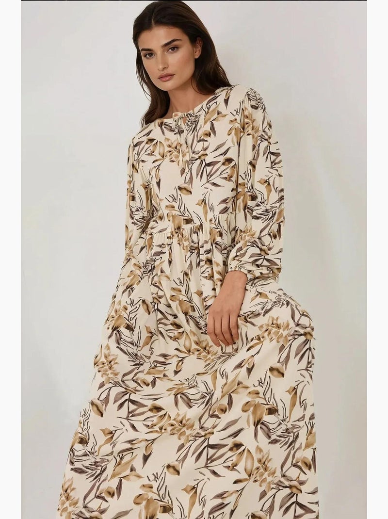 Vestido largo de viscosa con manga larga y estampado floral hiccup Beige natural - Kiabi