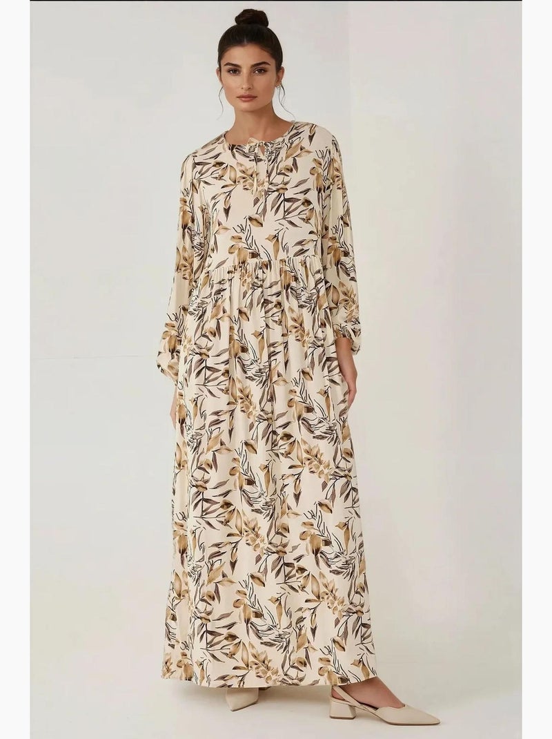Vestido largo de viscosa con manga larga y estampado floral hiccup Beige natural - Kiabi