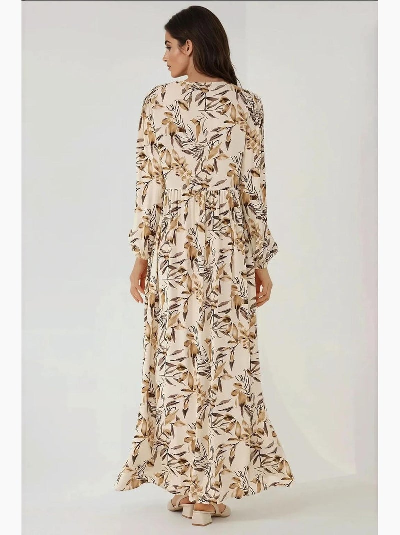 Vestido largo de viscosa con manga larga y estampado floral hiccup Beige natural - Kiabi