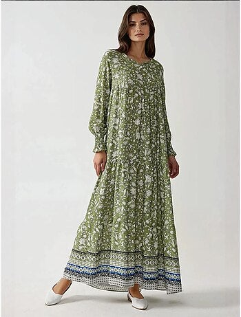 Vestido largo de viscosa estampada con cuello redondo hiccup