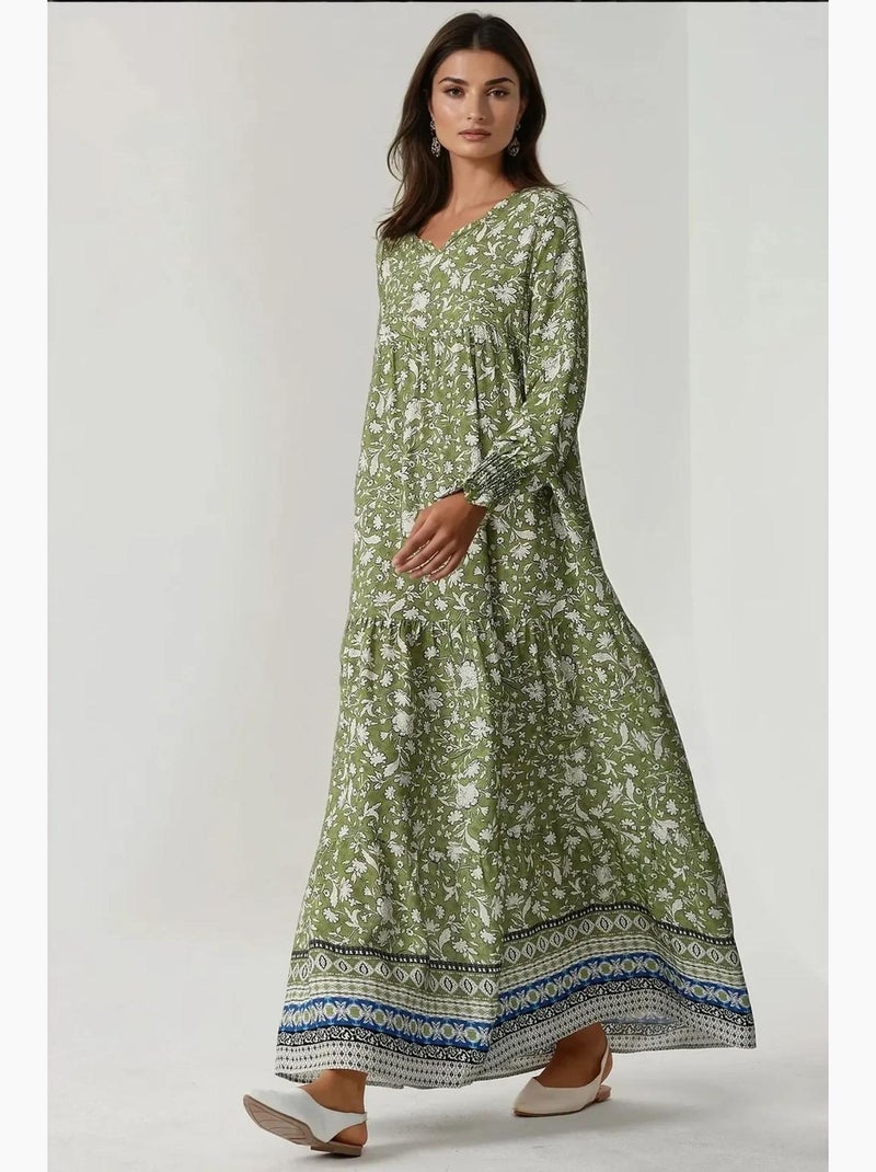 Vestido largo de viscosa estampada con cuello redondo hiccup Verde caqui - Kiabi