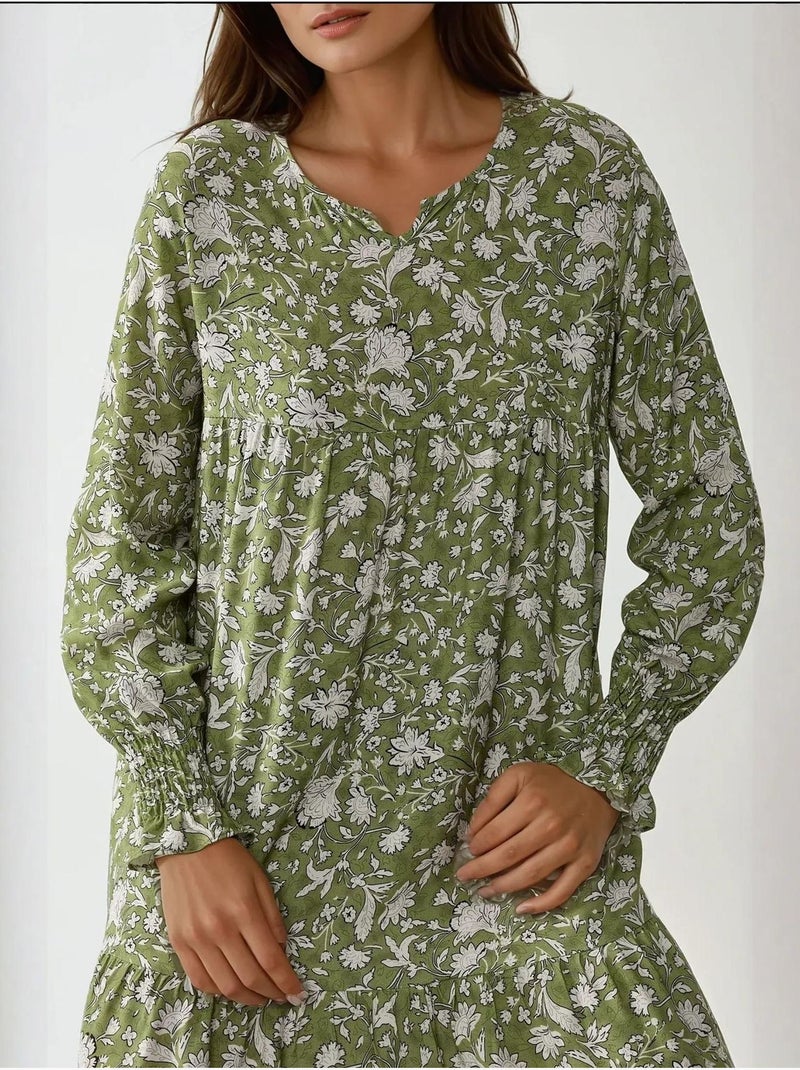 Vestido largo de viscosa estampada con cuello redondo hiccup Verde caqui - Kiabi