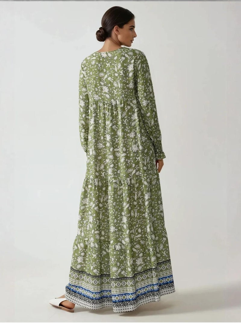 Vestido largo de viscosa estampada con cuello redondo hiccup Verde caqui - Kiabi