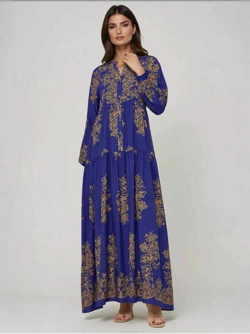 Vestido largo de viscosa estampado con cuello camisero hiccup - Kiabi Vestido largo de viscosa estampado con cuello camisero hiccup - Kiabi