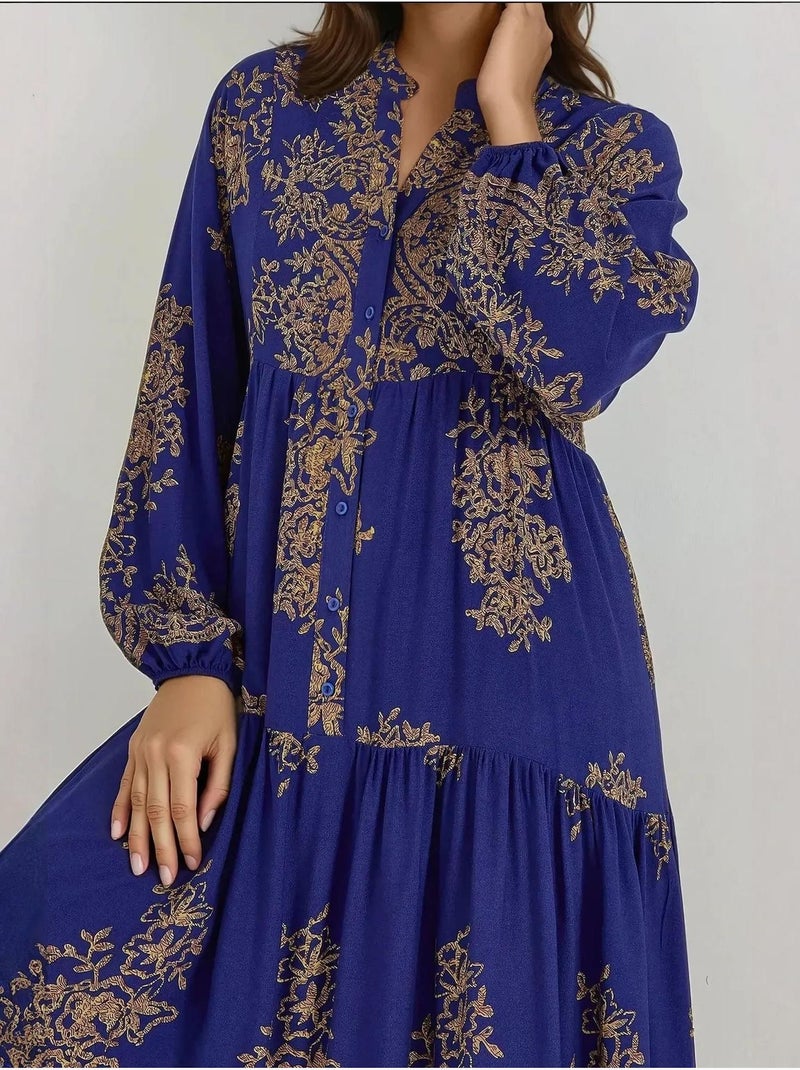 Vestido largo de viscosa estampado con cuello camisero hiccup Azul eléctrico - Kiabi