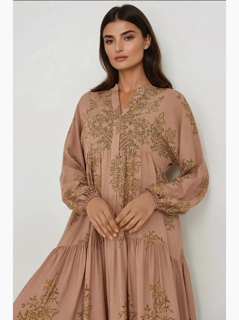 Vestido largo de viscosa estampado con cuello camisero hiccup Marrón claro - Kiabi