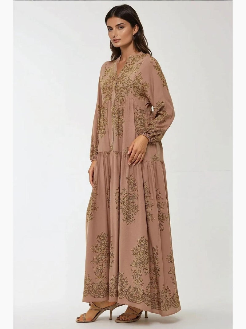 Vestido largo de viscosa estampado con cuello camisero hiccup Marrón claro - Kiabi
