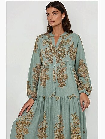Vestido largo de viscosa estampado con cuello camisero hiccup