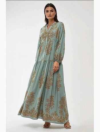 Vestido largo de viscosa estampado con cuello camisero hiccup