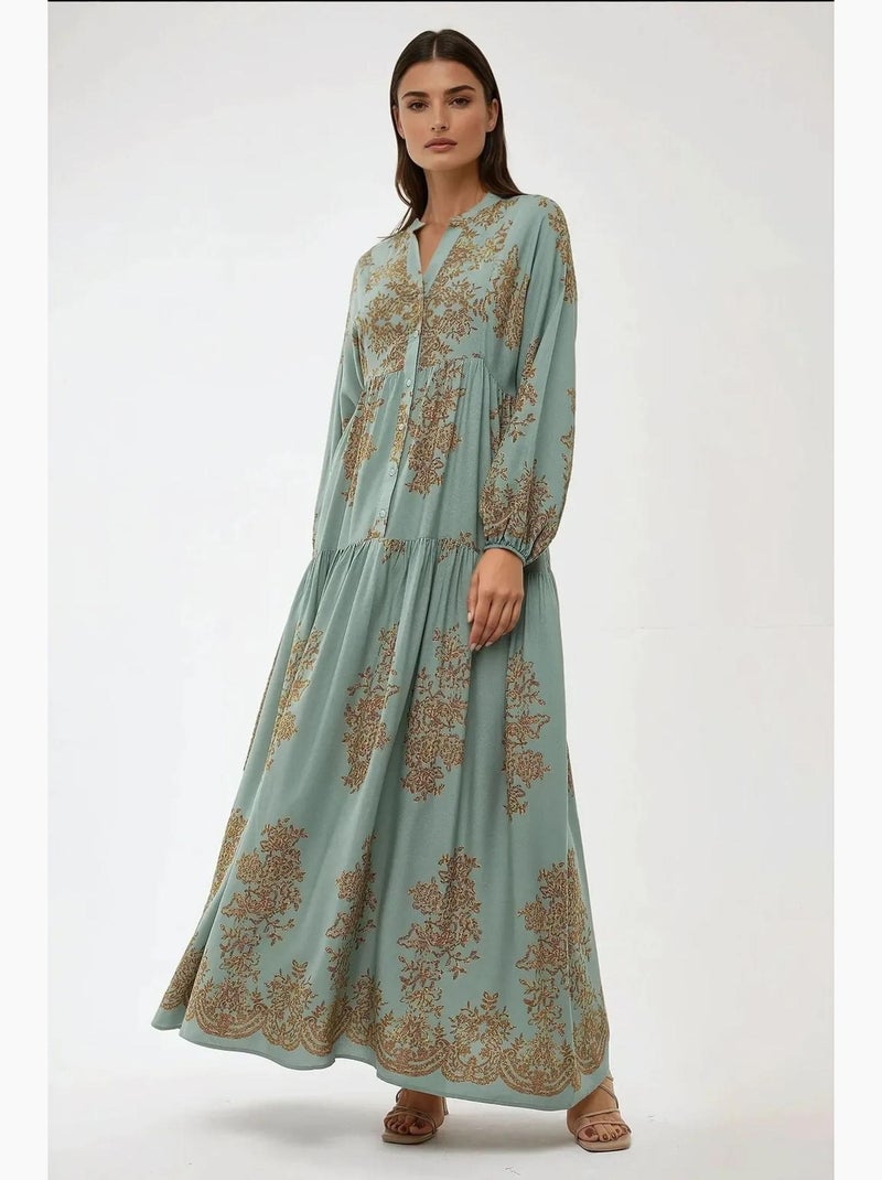 Vestido largo de viscosa estampado con cuello camisero hiccup Verde menta - Kiabi