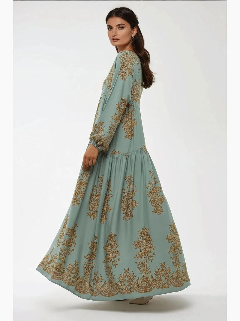 Vestido largo de viscosa estampado con cuello camisero hiccup Verde menta - Kiabi