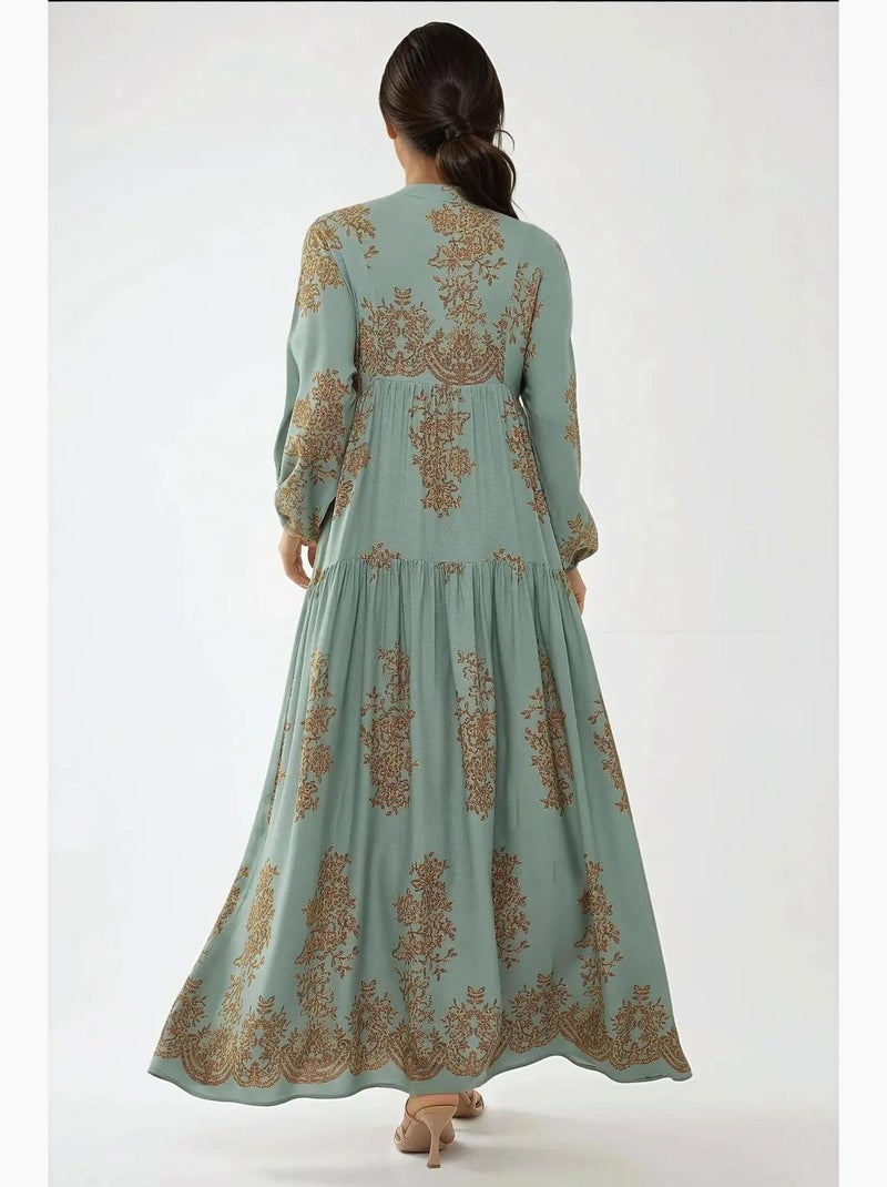 Vestido largo de viscosa estampado con cuello camisero hiccup Verde menta - Kiabi