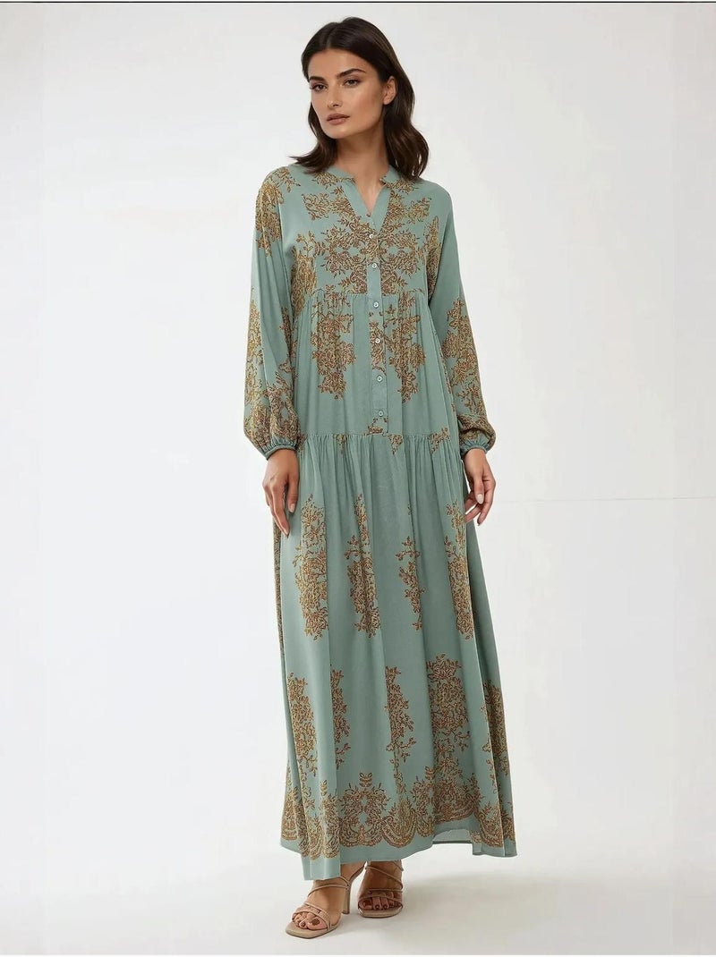 Vestido largo de viscosa estampado con cuello camisero hiccup Verde menta - Kiabi
