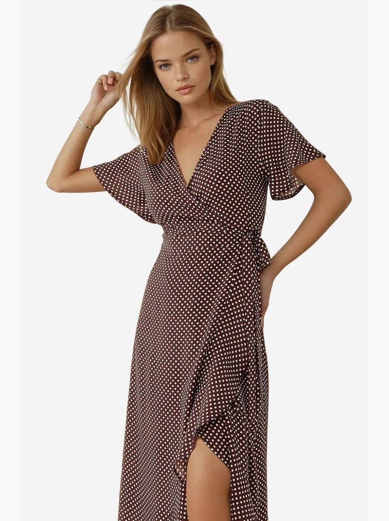 Vestido largo de viscosa estampado con cuello en v hiccup Rojo burdeos - Kiabi