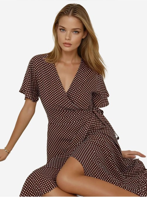 Vestido largo de viscosa estampado con cuello en v hiccup - Kiabi Vestido largo de viscosa estampado con cuello en v hiccup - Kiabi
