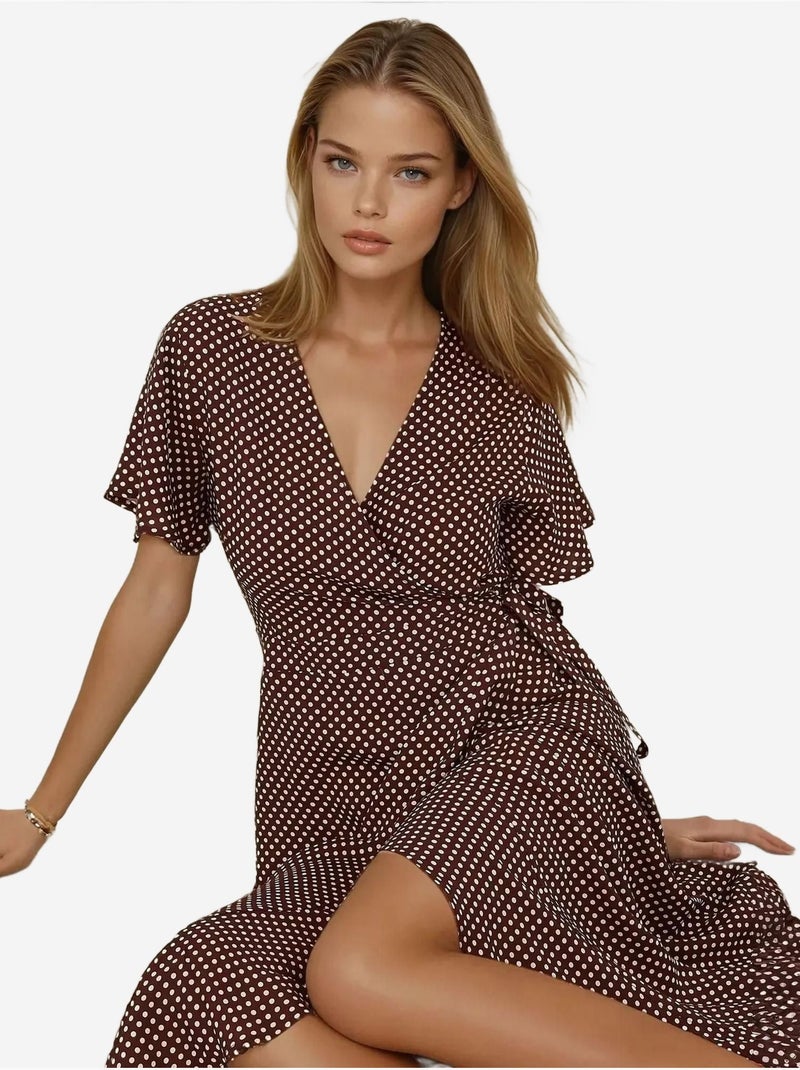 Vestido largo de viscosa estampado con cuello en v hiccup Rojo burdeos - Kiabi