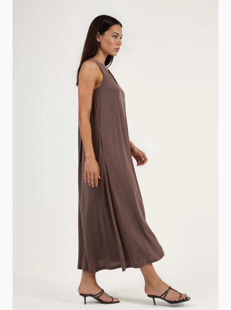 Vestido largo drapeado con cuello en v de busem Marrón claro - Kiabi