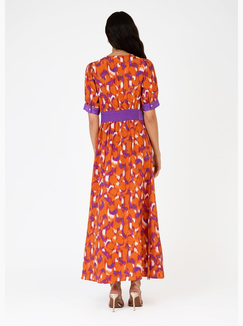 Vestido largo estampado con cintura plisada - AFIBEL Naranja - Kiabi