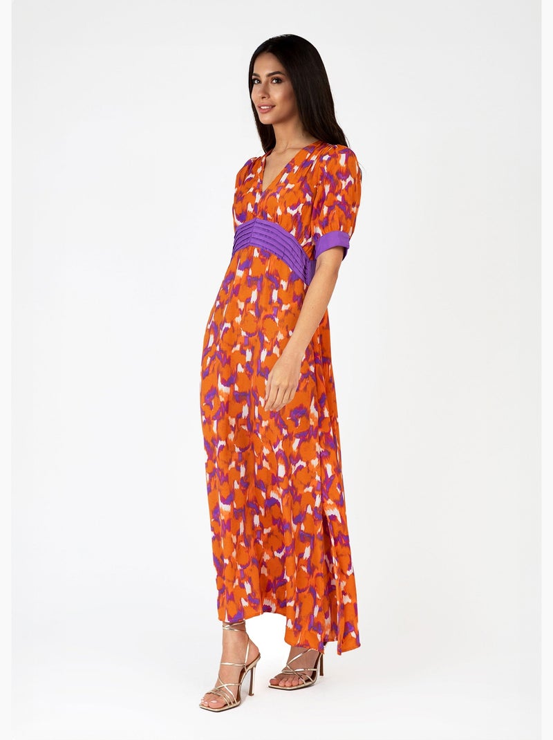 Vestido largo estampado con cintura plisada - AFIBEL Naranja - Kiabi