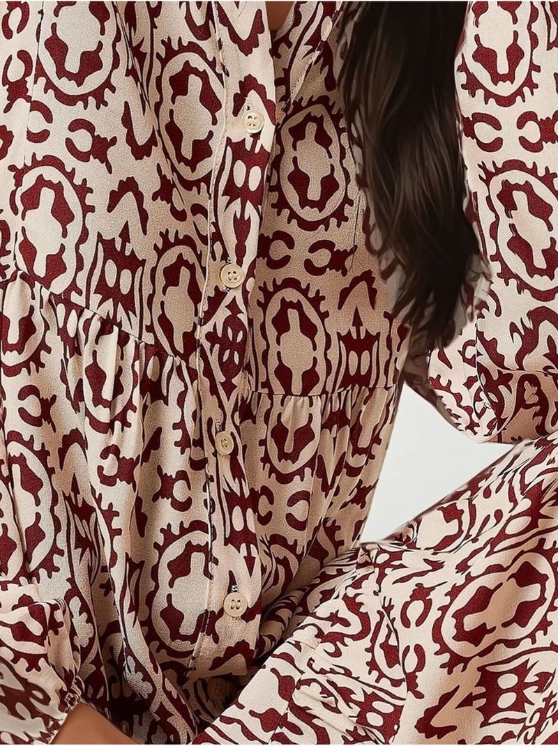Vestido largo estampado con cuello camisero hiccup Rojo oscuro - Kiabi