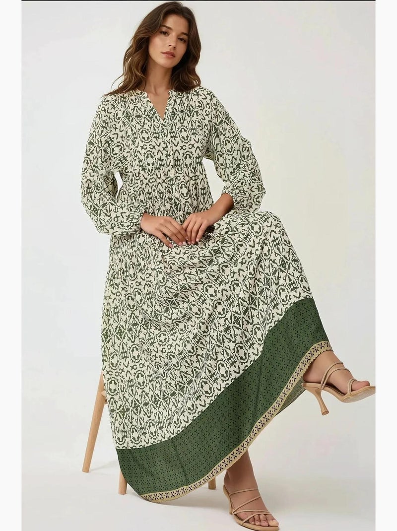 Vestido largo estampado con cuello camisero hiccup Verde - Kiabi