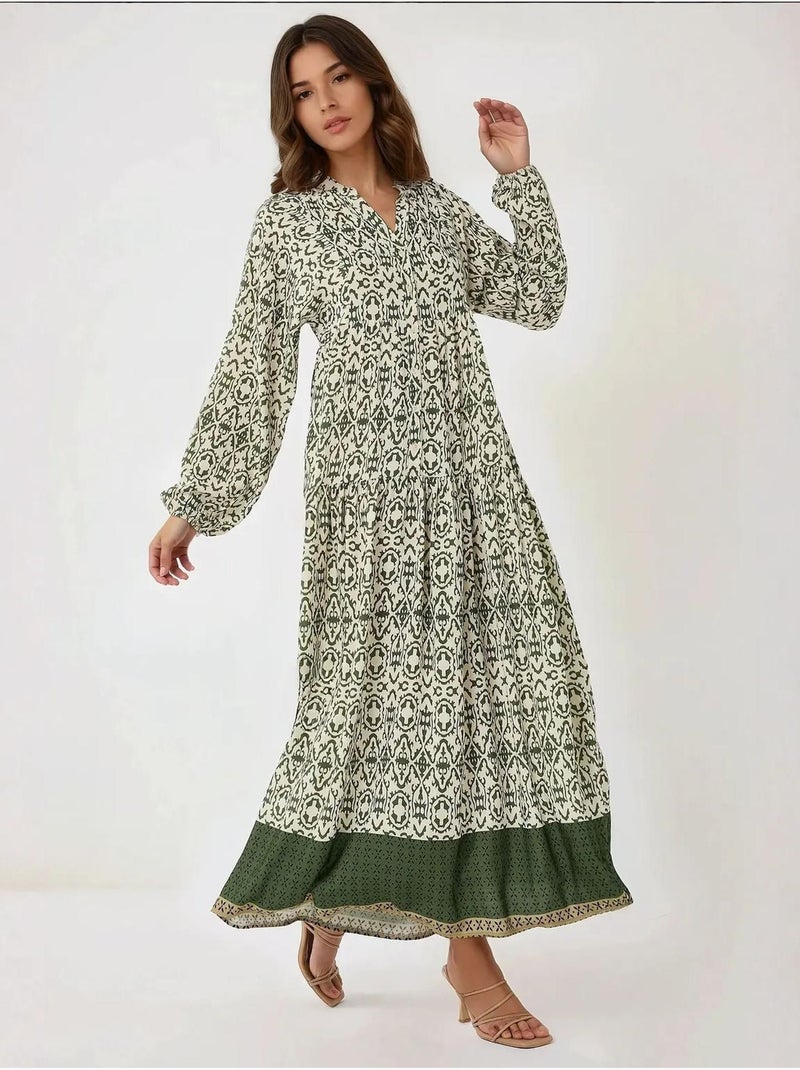 Vestido largo estampado con cuello camisero hiccup Verde - Kiabi