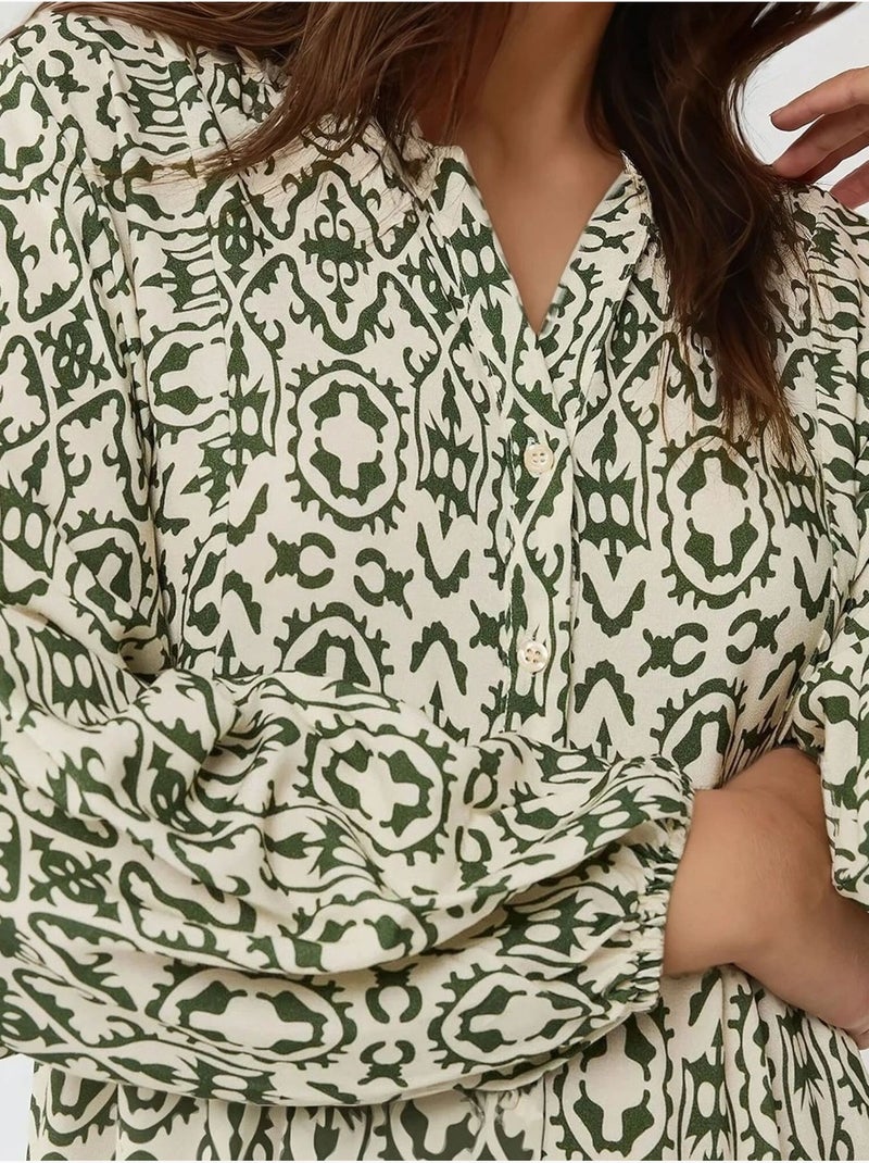 Vestido largo estampado con cuello camisero hiccup Verde - Kiabi
