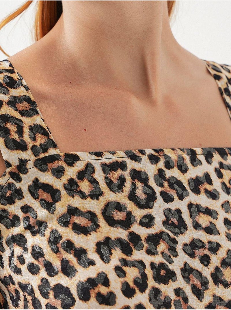 Vestido largo estampado con cuello cuadrado y cremallera bdart Marrón avellana - Kiabi