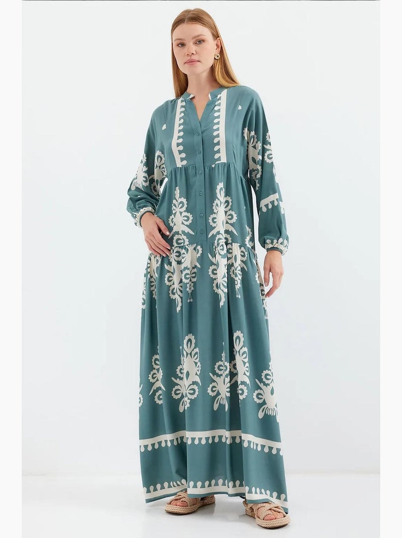 Vestido largo estampado con cuello de pico bdart Azul agua - Kiabi