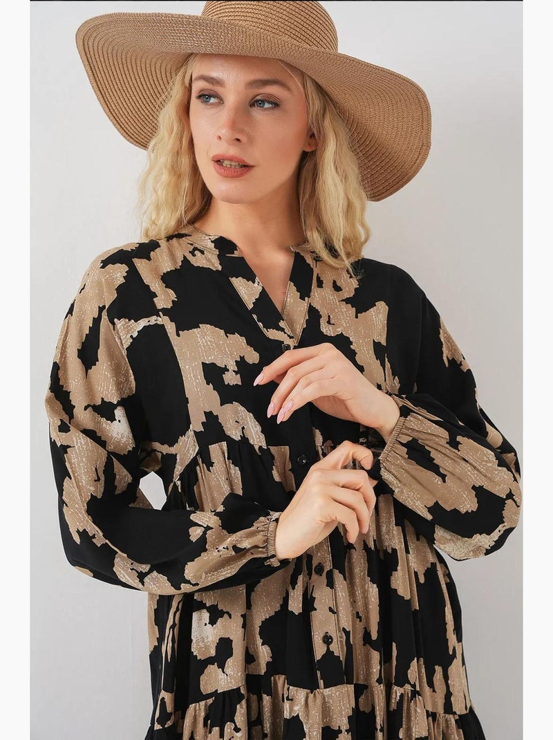 Vestido largo estampado con cuello de pico bdart Greige - Kiabi