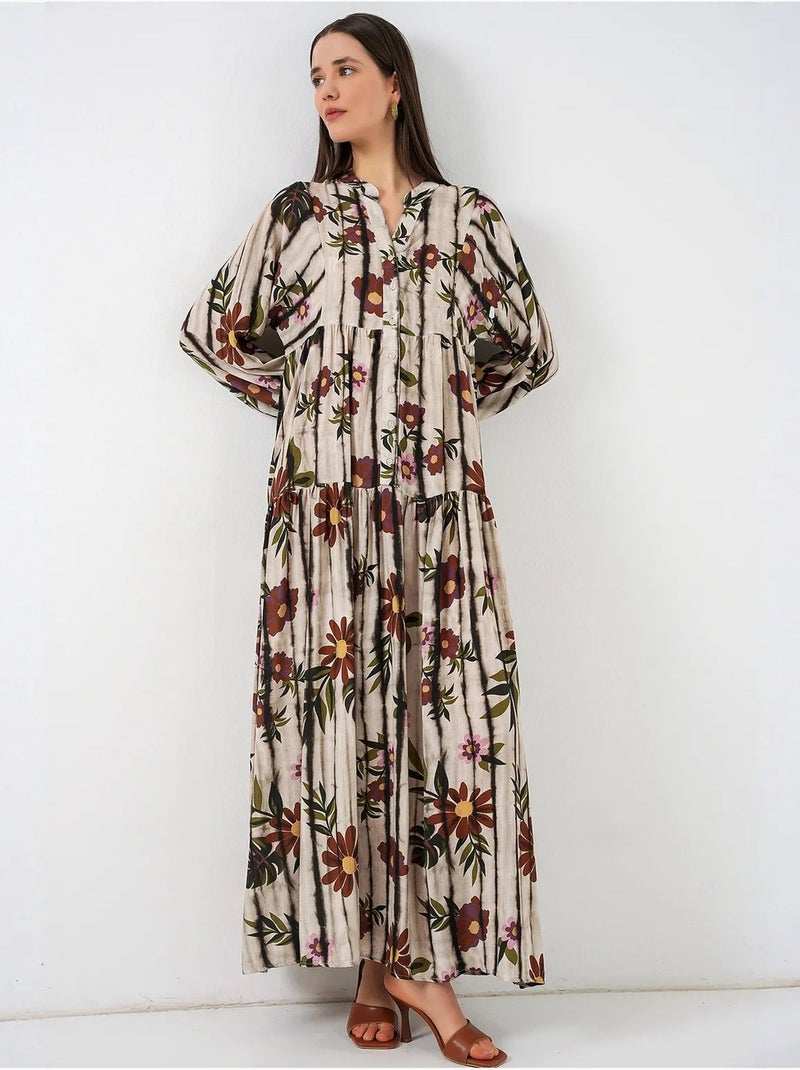 Vestido largo estampado con cuello de pico bdart Marrón claro - Kiabi