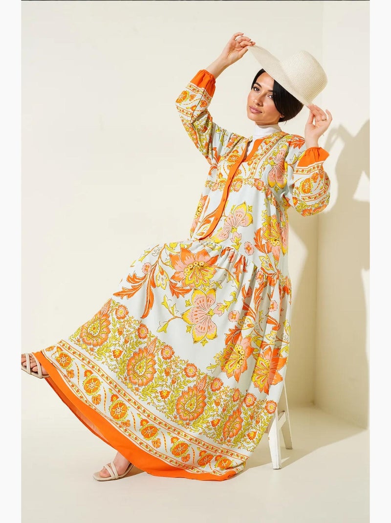 Vestido largo estampado con cuello de pico bdart Naranja - Kiabi
