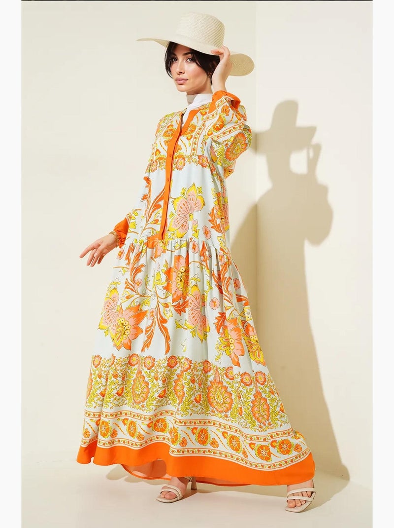 Vestido largo estampado con cuello de pico bdart Naranja - Kiabi