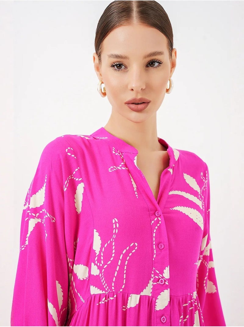Vestido largo estampado con cuello de pico bdart Rosa fluo/Solinotes - Kiabi