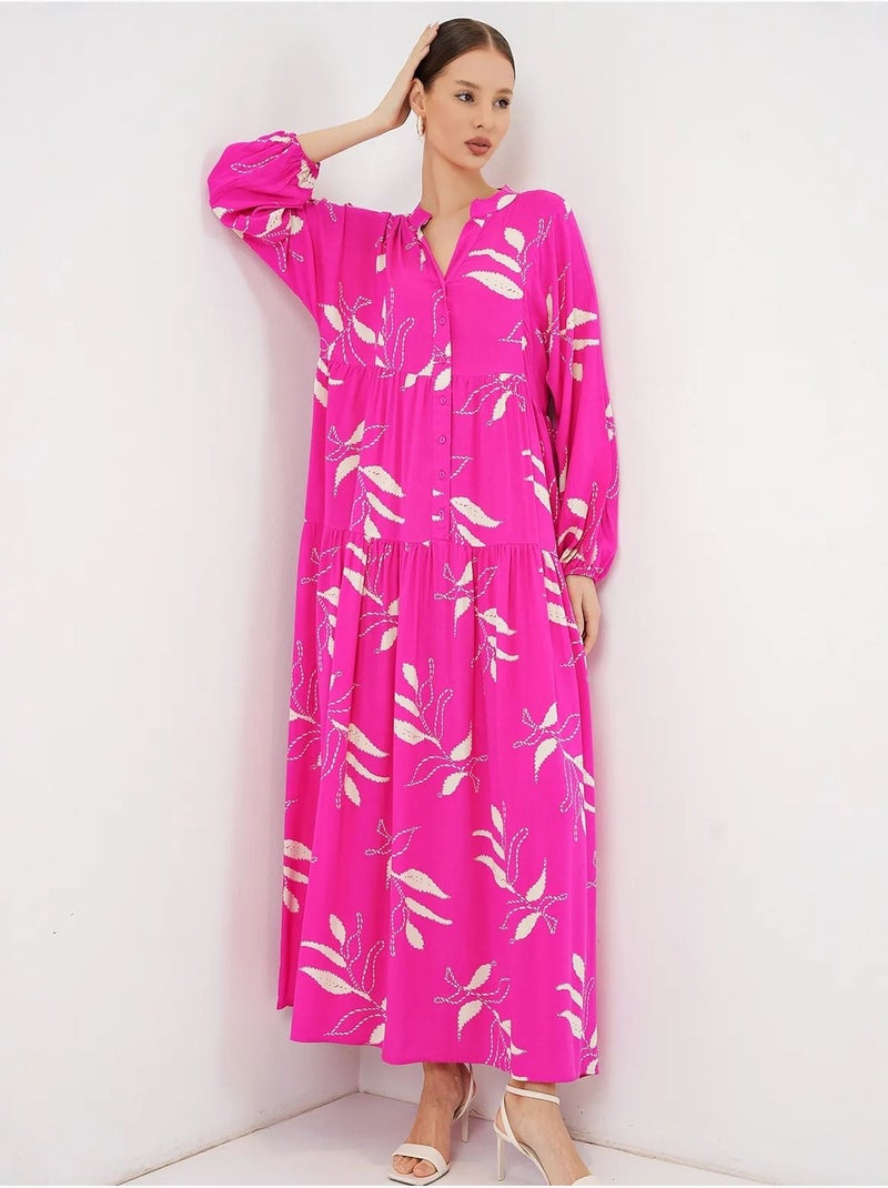 Vestido largo estampado con cuello de pico bdart Rosa fluo/Solinotes - Kiabi