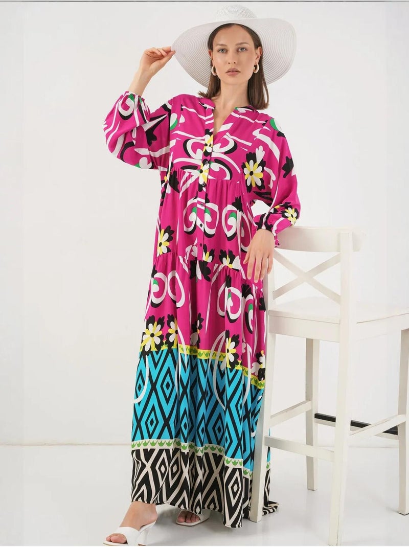 Vestido largo estampado con cuello de pico bdart Rosa fucsia - Kiabi