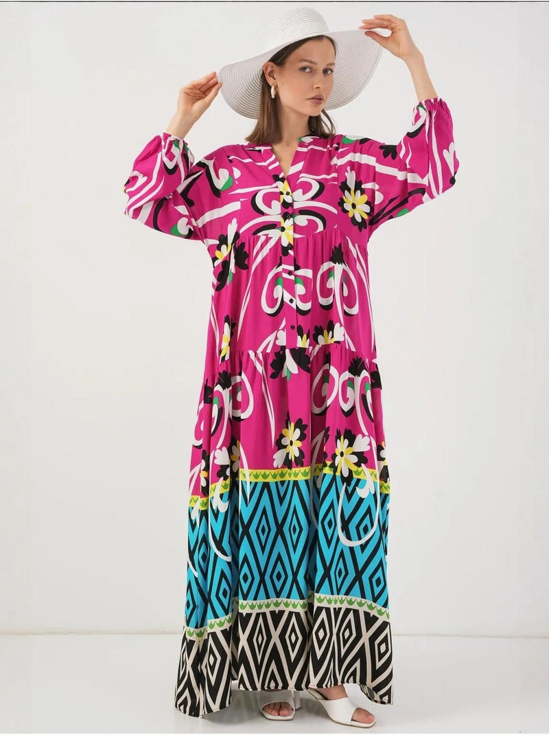 Vestido largo estampado con cuello de pico bdart Rosa fucsia - Kiabi