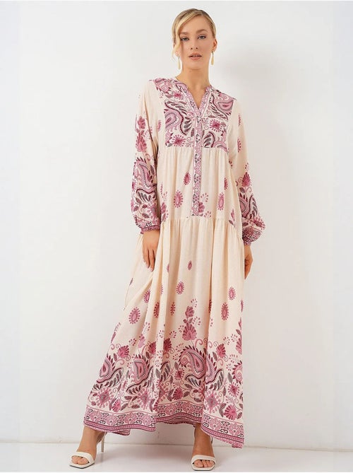 Vestido largo estampado con cuello de pico bdart - Kiabi Vestido largo estampado con cuello de pico bdart - Kiabi