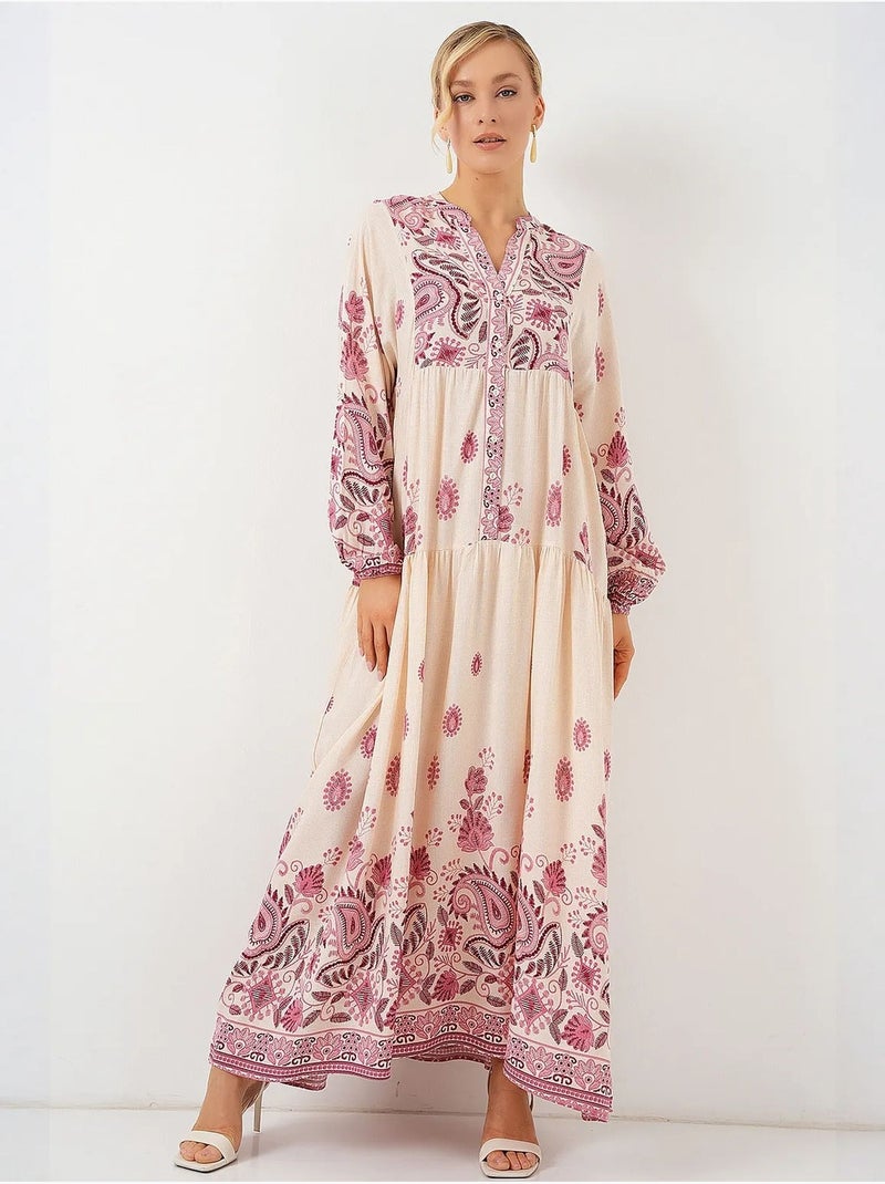 Vestido largo estampado con cuello de pico bdart Rosa pálido - Kiabi