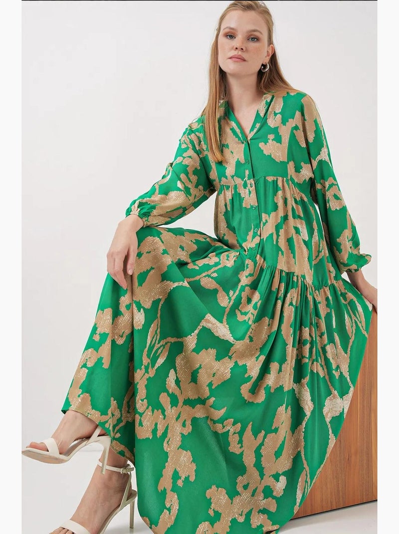 Vestido largo estampado con cuello de pico bdart Verde anís - Kiabi