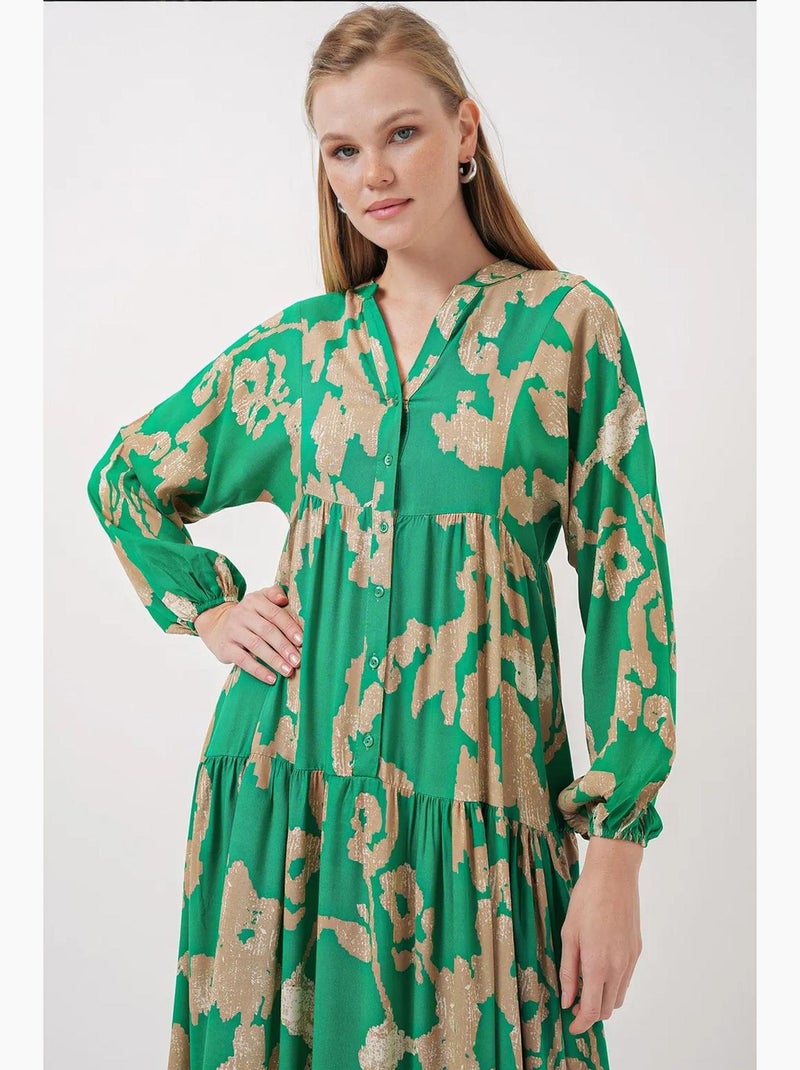 Vestido largo estampado con cuello de pico bdart Verde anís - Kiabi