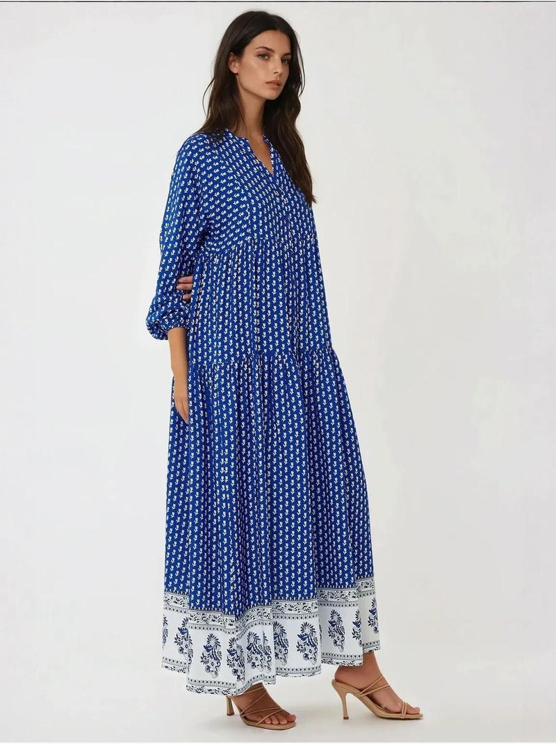 Vestido largo estampado con cuello en v hiccup Azul eléctrico - Kiabi
